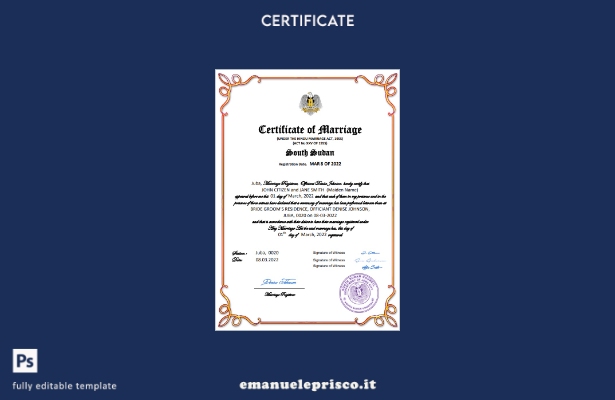 certificato di matrimonio in stile verificato del Sud Sudan, modello Word e PDF